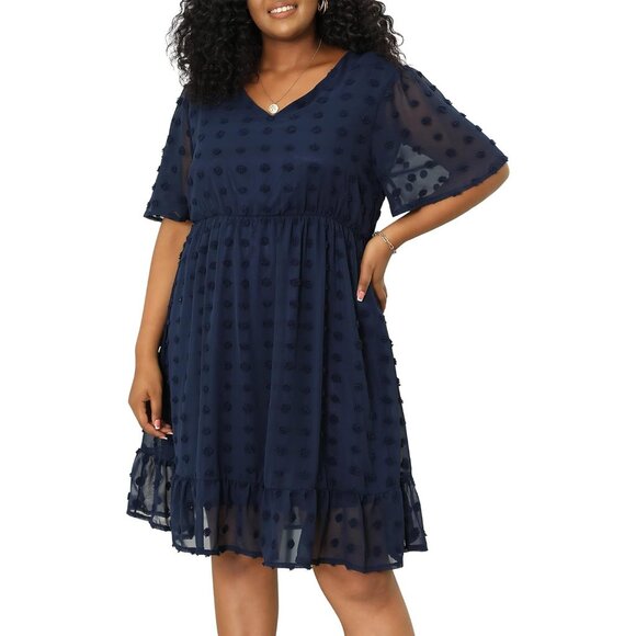 Plus Size Wedding Guest Midi Dress Swiss Dot V Neck Empire Waist Casual